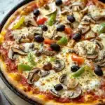 Pizza on cast iron pizza pan - the image is of a large pizza in a black cast iron skillet on a wooden table. the pizza has a golden brown crust and is topped with melted cheese, sliced mushrooms, green bell peppers, and black olives. the toppings are arranged in a circular pattern on top of the pizza. the skillet is sitting on a white countertop with a gray cloth napkin next to it.