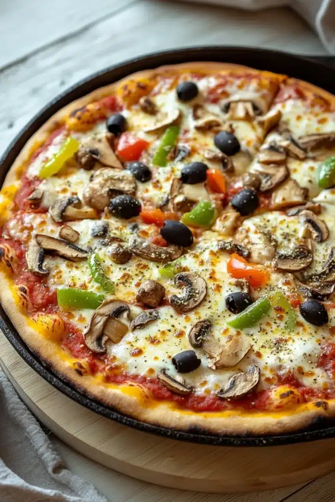 Pizza on cast iron pizza pan - the image is of a large pizza in a black cast iron skillet on a wooden table. the pizza has a golden brown crust and is topped with melted cheese, sliced mushrooms, green bell peppers, and black olives. the toppings are arranged in a circular pattern on top of the pizza. the skillet is sitting on a white countertop with a gray cloth napkin next to it.