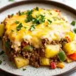 Potatoes obrien casserole with ground beef - the image shows a plate of food with a layered dish on it. the dish appears to be a casserole or lasagna, with a layer of melted cheese on top. the cheese is golden brown and bubbly, and it is drizzled over the top of the dish. there are chunks of ground beef, diced potatoes, and green bell peppers scattered throughout the dish, as well as diced red and yellow bell peppers. the plate is brown and has a speckled pattern around the edges. the background is white, and there are a few sprigs of parsley scattered around the plate.