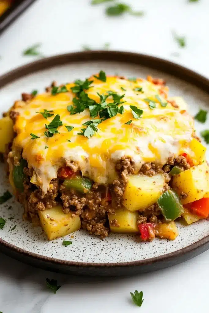 Potatoes obrien casserole with ground beef - the image shows a plate of food with a layered dish on it. the dish appears to be a casserole or lasagna, with a layer of melted cheese on top. the cheese is golden brown and bubbly, and it is drizzled over the top of the dish. there are chunks of ground beef, diced potatoes, and green bell peppers scattered throughout the dish, as well as diced red and yellow bell peppers. the plate is brown and has a speckled pattern around the edges. the background is white, and there are a few sprigs of parsley scattered around the plate.