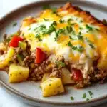 Potatoes obrien casserole with ground beef - the image shows a plate of food on a white marble countertop. the dish appears to be a casserole or lasagna, with a layer of ground beef, diced potatoes, and red and green bell peppers on top. the top of the dish is covered in melted cheese, which is drizzled over the top. there are also a few sprigs of parsley scattered around the plate. the plate is round and has a light brown color.