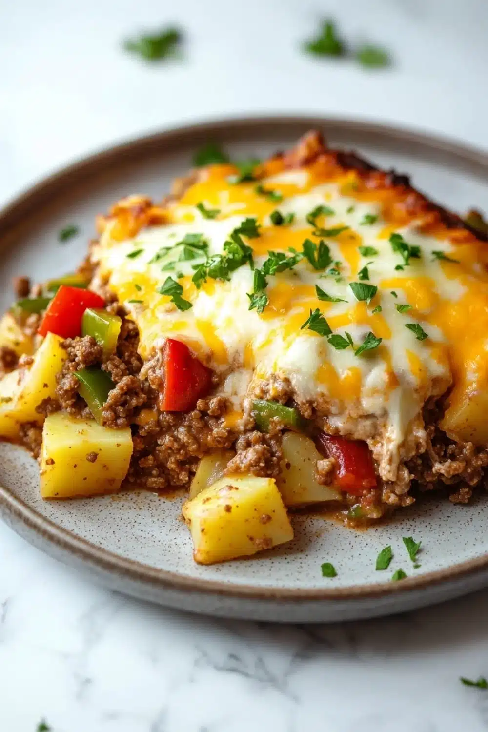 Potatoes obrien casserole with ground beef - the image shows a plate of food on a white marble countertop. the dish appears to be a casserole or lasagna, with a layer of ground beef, diced potatoes, and red and green bell peppers on top. the top of the dish is covered in melted cheese, which is drizzled over the top. there are also a few sprigs of parsley scattered around the plate. the plate is round and has a light brown color.