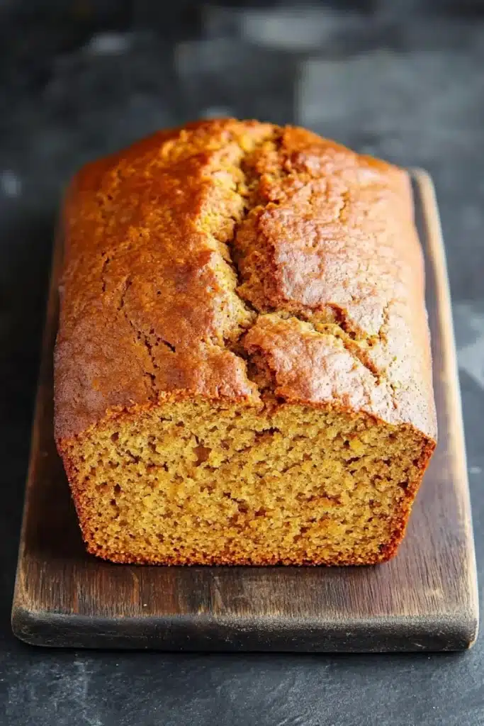 Pumpkin bread applesauce - the image shows a freshly baked loaf of bread on a wooden cutting board. the bread appears to be golden brown in color and has a crumbly texture. it is sitting on a dark grey countertop with a textured surface. the loaf is cut in half, revealing the soft, fluffy interior. the edges of the bread are slightly curled, indicating that it has been freshly baked.