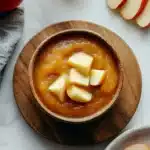 Pumpkin bread applesauce - the image shows a small bowl of caramel sauce on a wooden plate. the caramel sauce is a rich orange color and appears to be thick and creamy. on top of the caramel sauce, there are several slices of apple arranged in a circular pattern. the plate is placed on a white marble countertop with a gray napkin on the left side and a few whole apples and a pumpkin on the right side. the overall aesthetic of the image is rustic and autumnal.