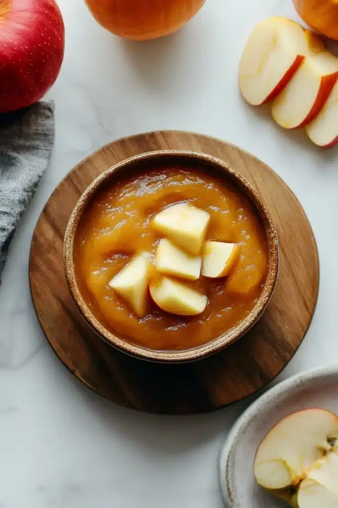 Pumpkin bread applesauce - the image shows a small bowl of caramel sauce on a wooden plate. the caramel sauce is a rich orange color and appears to be thick and creamy. on top of the caramel sauce, there are several slices of apple arranged in a circular pattern. the plate is placed on a white marble countertop with a gray napkin on the left side and a few whole apples and a pumpkin on the right side. the overall aesthetic of the image is rustic and autumnal.
