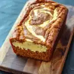 Pumpkin bread cheesecake - the image shows a freshly baked loaf of bread on a wooden cutting board. the bread appears to be golden brown in color and has a crumbly texture. it is topped with a swirl of white cream cheese frosting, which is spread evenly across the top of the bread. the cutting board is placed on a dark blue textured surface. the background is blurred, making the bread the focal point of the image.