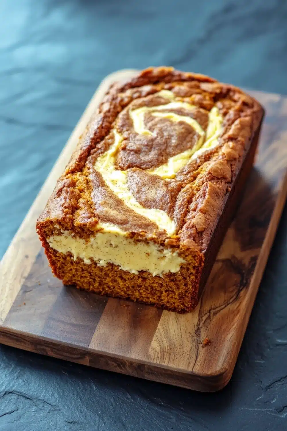 Pumpkin bread cheesecake - the image shows a freshly baked loaf of bread on a wooden cutting board. the bread appears to be golden brown in color and has a crumbly texture. it is topped with a swirl of white cream cheese frosting, which is spread evenly across the top of the bread. the cutting board is placed on a dark blue textured surface. the background is blurred, making the bread the focal point of the image.