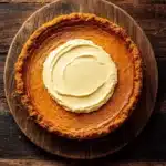 Pumpkin bread cheesecake - the image is a close-up of a pumpkin pie on a wooden plate. the pie has a golden brown crust on top and a creamy white filling in the center. the filling appears to be a pumpkin puree or custard, with a smooth and creamy texture. the plate is round and has a rustic design. the background is a dark wooden table with a weathered and aged appearance. the overall mood of the image is warm and inviting.