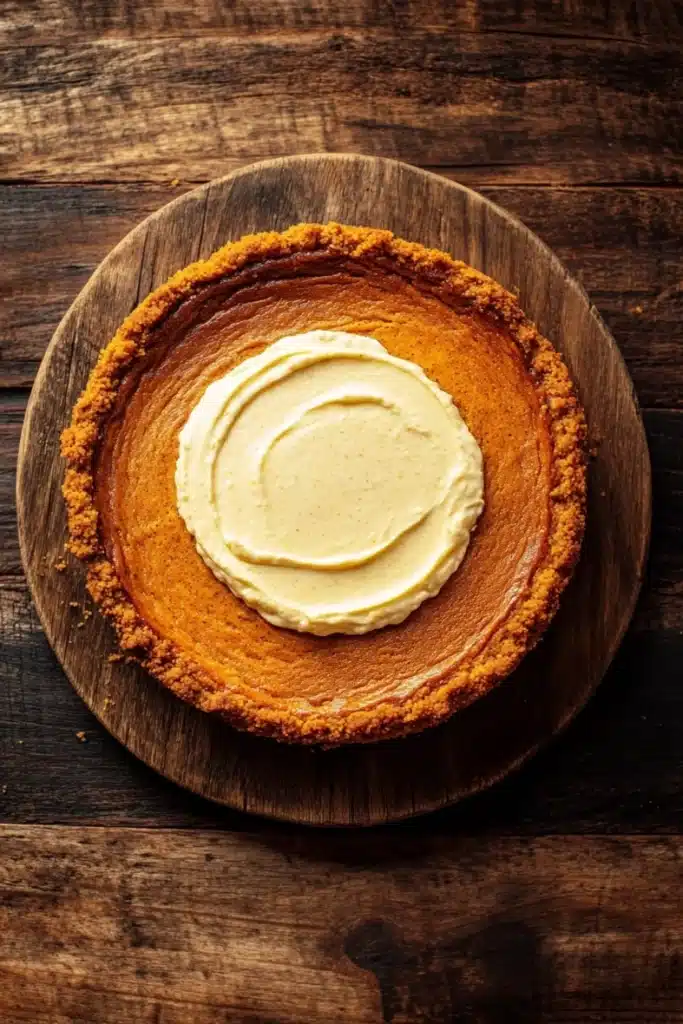 Pumpkin bread cheesecake - the image is a close-up of a pumpkin pie on a wooden plate. the pie has a golden brown crust on top and a creamy white filling in the center. the filling appears to be a pumpkin puree or custard, with a smooth and creamy texture. the plate is round and has a rustic design. the background is a dark wooden table with a weathered and aged appearance. the overall mood of the image is warm and inviting.