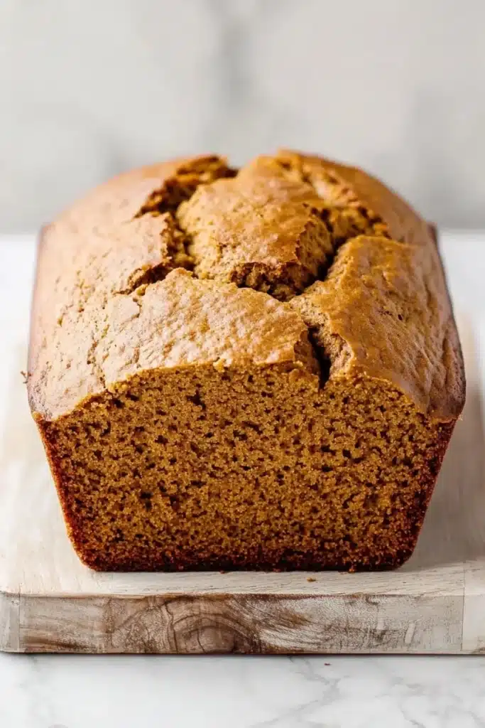 Pumpkin bread gf - the image shows a freshly baked loaf of bread on a wooden cutting board. the bread appears to be golden brown in color and has a slightly crumbly texture. it is sitting on a white marble countertop with a blurred background. the loaf is cut in half, revealing the soft, fluffy interior. the edges of the bread are slightly curled, indicating that it has been freshly baked.