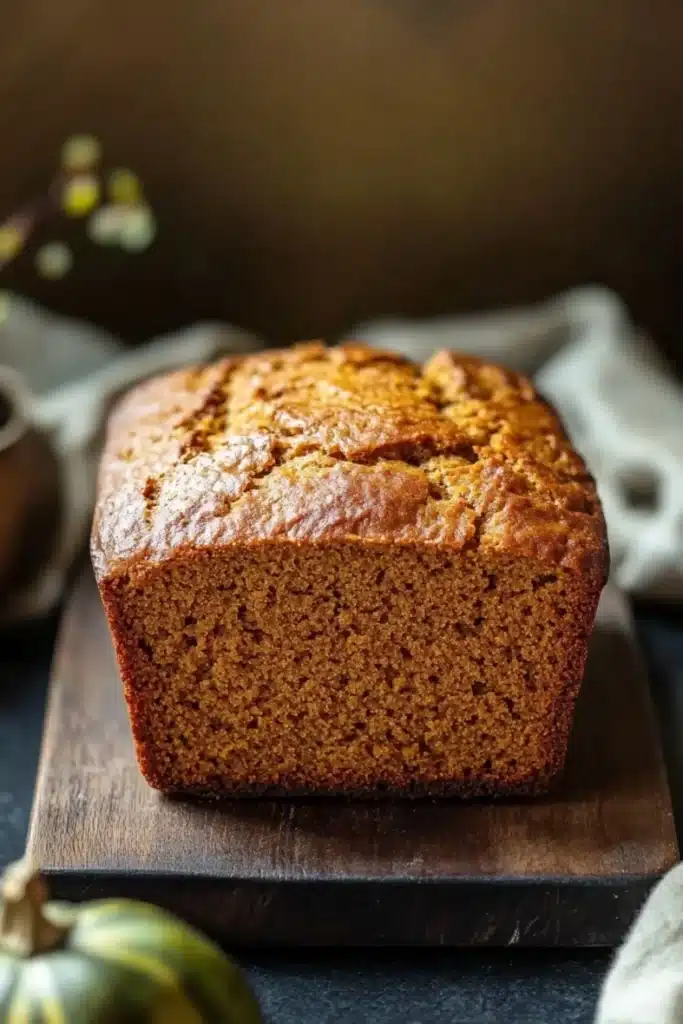 Pumpkin bread gf - the image shows a freshly baked loaf of bread on a wooden cutting board. the bread appears to be golden brown in color and has a crumbly texture. it is sitting on a dark wooden table with a white cloth napkin and a small pumpkin in the background. the overall mood of the image is rustic and cozy.
