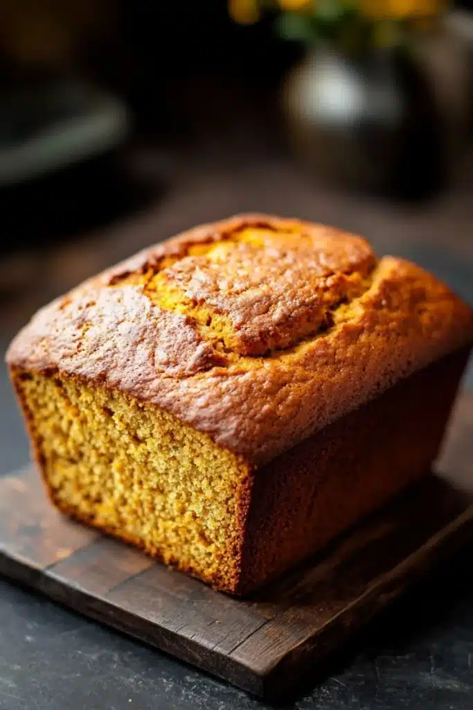 Pumpkin bread high altitude - the image shows a freshly baked loaf of bread on a wooden cutting board. the bread appears to be golden brown in color and has a crumbly texture. it is sitting on a dark countertop with a vase of yellow flowers in the background. the cutting board is made of dark wood and is placed next to the bread. the background is blurred, but it seems to be a kitchen countertop.