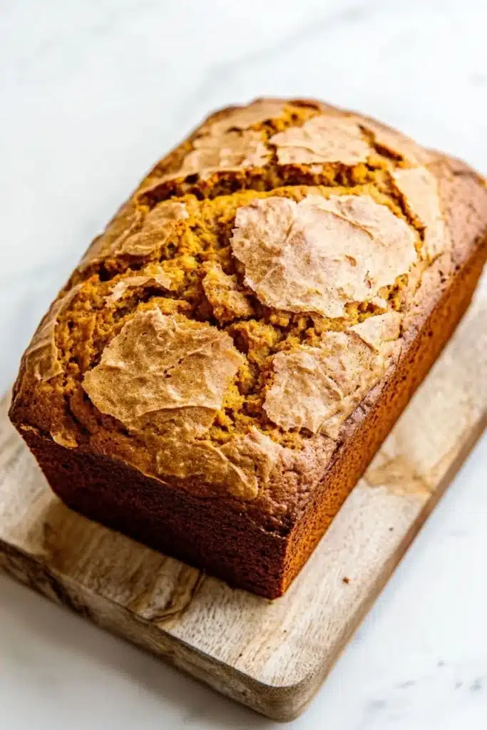 Pumpkin bread high altitude - the image shows a freshly baked loaf of bread on a wooden cutting board. the bread appears to be golden brown in color and has a crumbly texture on top. the slices of bread are arranged in a circular pattern, with some overlapping each other. the cutting board is placed on a white marble countertop. the background is blurred, making the bread the focal point of the image.