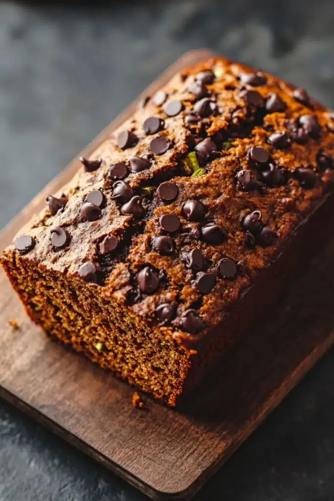 Pumpkin zucchini chocolate bread - the image shows a freshly baked loaf of bread on a wooden cutting board. the bread appears to be a dark brown color and has a smooth texture. it is topped with chocolate chips scattered across the top, giving it a shiny appearance. the loaf is cut in half, revealing the moist and fluffy interior. the cutting board is placed on a dark grey countertop.
