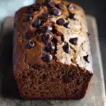 Pumpkin zucchini chocolate bread - the image shows a loaf of chocolate chip bread on a wooden cutting board. the bread appears to be freshly baked and has a golden brown crust on top. the chocolate chips are scattered across the top of the bread, covering the entire surface. the cutting board is placed on a dark wooden table with a white cloth napkin on the side. the background is blurred, making the bread the focal point of the image.