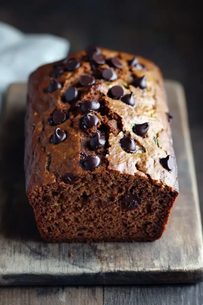 Pumpkin zucchini chocolate bread - the image shows a loaf of chocolate chip bread on a wooden cutting board. the bread appears to be freshly baked and has a golden brown crust on top. the chocolate chips are scattered across the top of the bread, covering the entire surface. the cutting board is placed on a dark wooden table with a white cloth napkin on the side. the background is blurred, making the bread the focal point of the image.