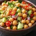 Quinoa and chickpea salad - the image is a close-up of a bowl of salad. the bowl is made of dark brown ceramic and is placed on a dark grey countertop. the salad is made up of small, round chickpeas, diced tomatoes, cucumbers, and red onions. the tomatoes are bright red and appear to be seasoned with herbs and spices. the cucumbers are cut into small cubes and are scattered throughout the salad. there are also some green herbs sprinkled on top. the overall appearance of the salad is colorful and appetizing.