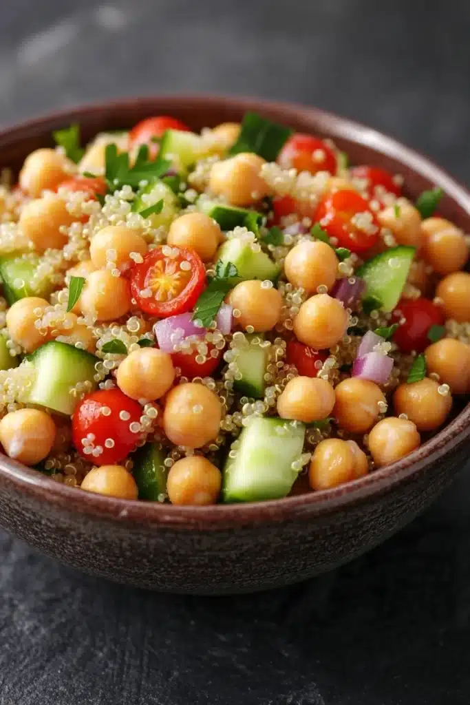 Quinoa and chickpea salad - the image is a close-up of a bowl of salad. the bowl is made of dark brown ceramic and is placed on a dark grey countertop. the salad is made up of small, round chickpeas, diced tomatoes, cucumbers, and red onions. the tomatoes are bright red and appear to be seasoned with herbs and spices. the cucumbers are cut into small cubes and are scattered throughout the salad. there are also some green herbs sprinkled on top. the overall appearance of the salad is colorful and appetizing.