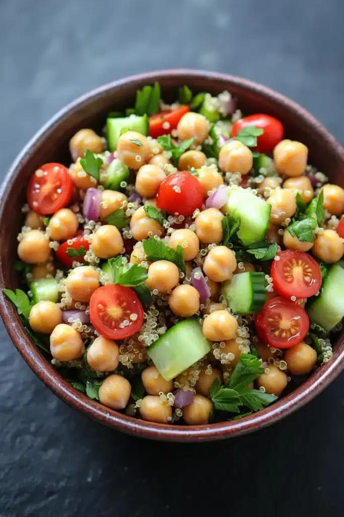 Quinoa and chickpea salad - the image is a close-up of a bowl of salad. the bowl is made of dark brown ceramic and is placed on a dark grey surface. the salad is made up of small, round chickpeas, red onions, sliced cucumbers, and cherry tomatoes. there are also some green herbs scattered throughout the salad, adding a pop of color to the dish. the overall appearance is fresh and appetizing.