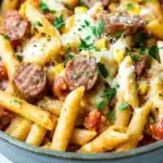 Ree drummond italian sausage pasta skillet - the image is a close-up of a bowl of pasta dish. the pasta appears to be penne, which is a type of penne pasta. it is cooked al dente and is topped with chunks of sausage, tomato sauce, and grated cheese. the dish is garnished with chopped parsley. the bowl is made of dark blue ceramic and is sitting on a white marble countertop.