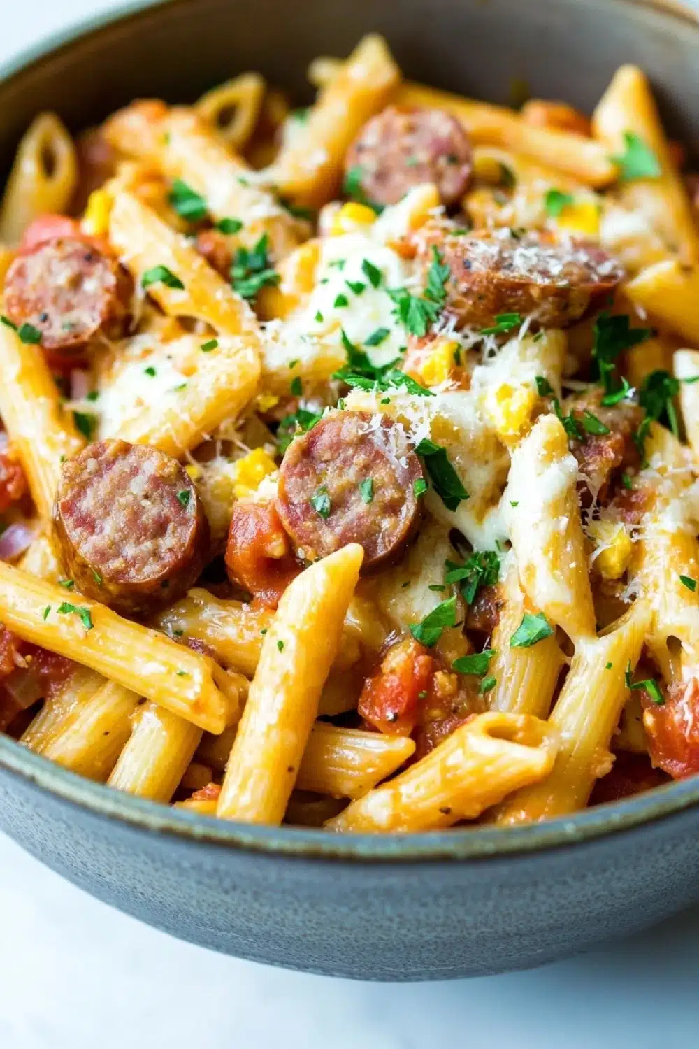Ree drummond italian sausage pasta skillet - the image is a close-up of a bowl of pasta dish. the pasta appears to be penne, which is a type of penne pasta. it is cooked al dente and is topped with chunks of sausage, tomato sauce, and grated cheese. the dish is garnished with chopped parsley. the bowl is made of dark blue ceramic and is sitting on a white marble countertop.