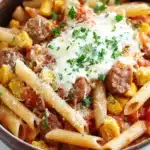 Ree drummond italian sausage pasta skillet - the image is a close-up of a bowl of pasta dish. the pasta appears to be penne, which is a type of penne pasta, and it is cooked in a tomato-based sauce with chunks of sausage, corn kernels, and tomato sauce. the dish is garnished with chopped parsley and grated parmesan cheese. the bowl is made of dark brown ceramic and is sitting on a white marble countertop.