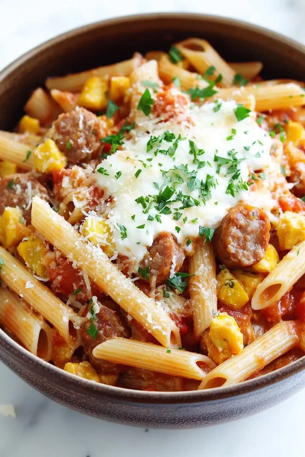 Ree drummond italian sausage pasta skillet - the image is a close-up of a bowl of pasta dish. the pasta appears to be penne, which is a type of penne pasta, and it is cooked in a tomato-based sauce with chunks of sausage, corn kernels, and tomato sauce. the dish is garnished with chopped parsley and grated parmesan cheese. the bowl is made of dark brown ceramic and is sitting on a white marble countertop.