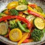 Restaurant style sauteed vegetables - the image is a close-up of a colorful salad in a bowl. the salad is made up of various types of vegetables, including zucchini, bell peppers, broccoli, and bell peppers. the vegetables are cut into thin slices and are arranged in a colorful and appetizing manner. the colors of the vegetables are bright and vibrant, with shades of red, yellow, and green. the bowl is made of ceramic and has a speckled pattern around the edges. the background is a dark wooden table.