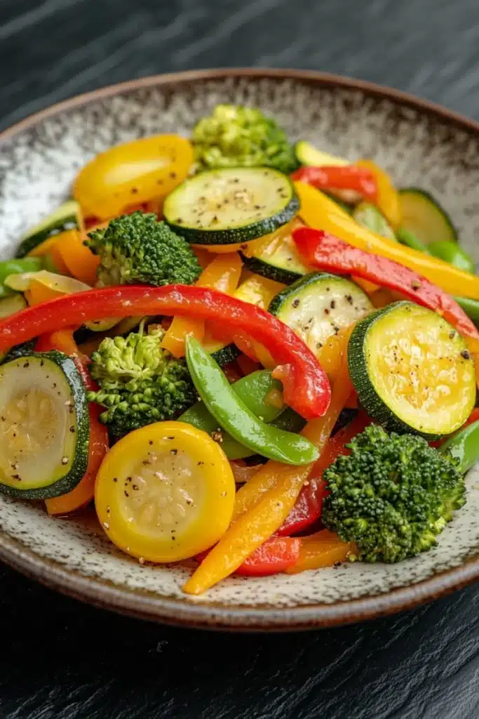 Restaurant style sauteed vegetables - the image is a close-up of a colorful salad in a bowl. the salad is made up of various types of vegetables, including zucchini, bell peppers, broccoli, and bell peppers. the vegetables are cut into thin slices and are arranged in a colorful and appetizing manner. the colors of the vegetables are bright and vibrant, with shades of red, yellow, and green. the bowl is made of ceramic and has a speckled pattern around the edges. the background is a dark wooden table.