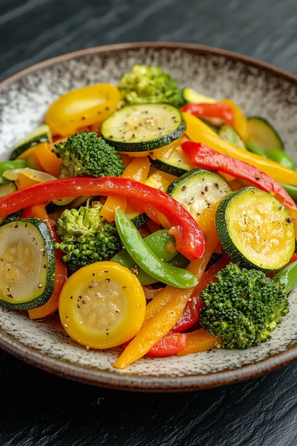 Restaurant style sauteed vegetables - the image is a close-up of a colorful salad in a bowl. the salad is made up of various types of vegetables, including zucchini, bell peppers, broccoli, and bell peppers. the vegetables are cut into thin slices and are arranged in a colorful and appetizing manner. the colors of the vegetables are bright and vibrant, with shades of red, yellow, and green. the bowl is made of ceramic and has a speckled pattern around the edges. the background is a dark wooden table.