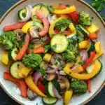 Restaurant style sauteed vegetables - the image is a close-up of a colorful salad in a round ceramic bowl. the salad is made up of various types of vegetables, including zucchini, bell peppers, broccoli, red onions, and mushrooms. the vegetables are arranged in a colorful and appetizing manner, with some overlapping each other. the bowl is sitting on a dark grey countertop, and there are a few sprigs of parsley scattered around the bowl.