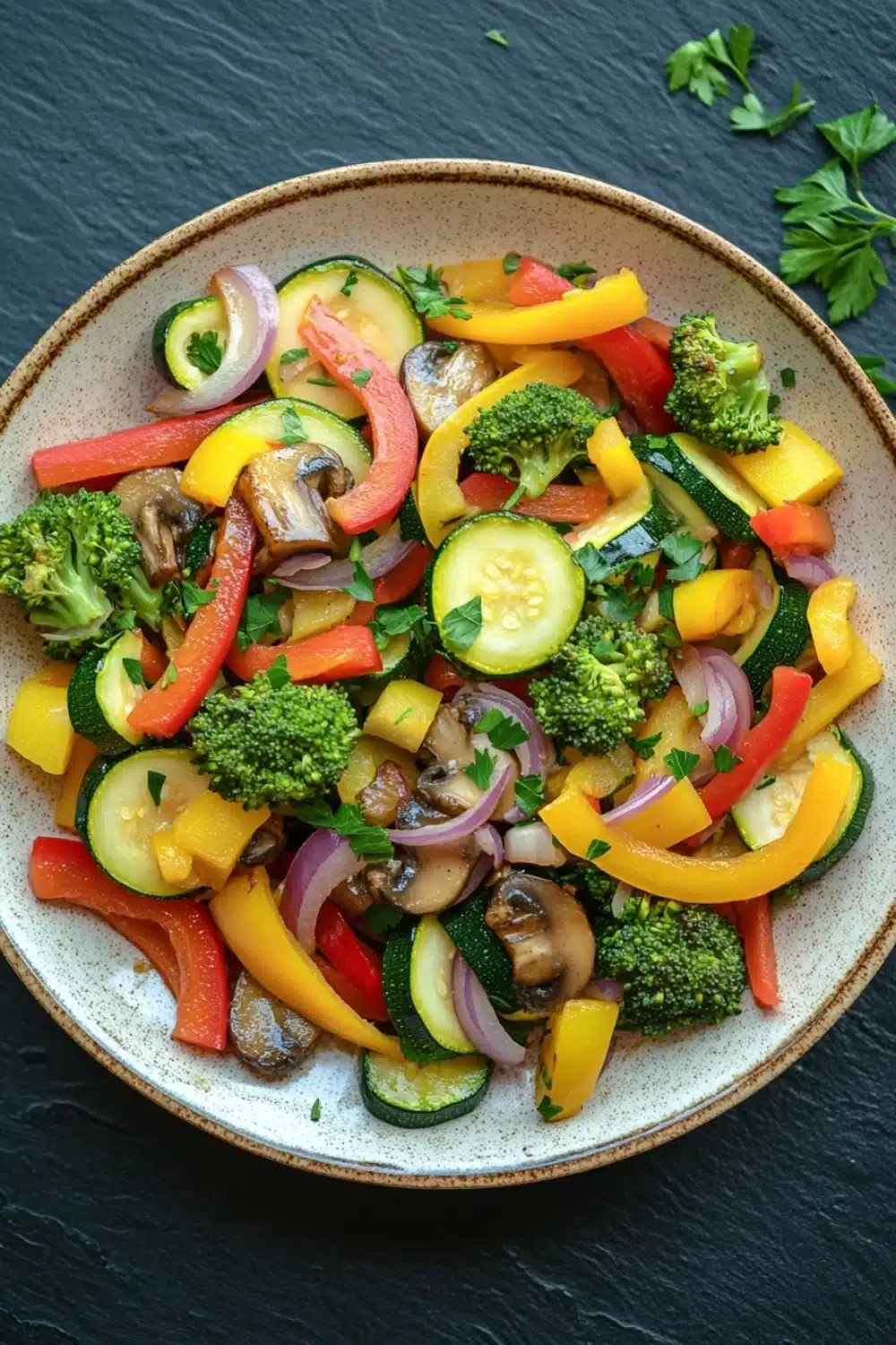 Restaurant style sauteed vegetables - the image is a close-up of a colorful salad in a round ceramic bowl. the salad is made up of various types of vegetables, including zucchini, bell peppers, broccoli, red onions, and mushrooms. the vegetables are arranged in a colorful and appetizing manner, with some overlapping each other. the bowl is sitting on a dark grey countertop, and there are a few sprigs of parsley scattered around the bowl.