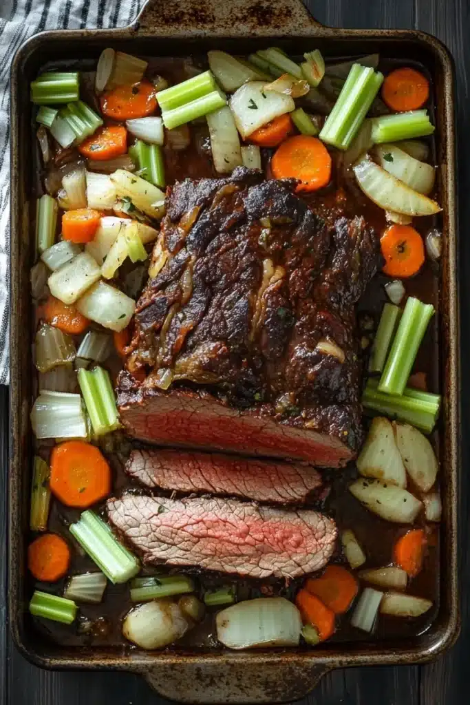 Roast beef marinade slow cooker - the image shows a rectangular baking dish filled with a roast beef dish. the roast beef is cooked medium-rare and has a rich, dark brown color. it is garnished with sliced carrots, celery, and onions. the dish is sitting on a wooden table with a gray and white striped napkin on the side. the vegetables are arranged in a way that they are overlapping each other, creating a colorful and appetizing presentation.