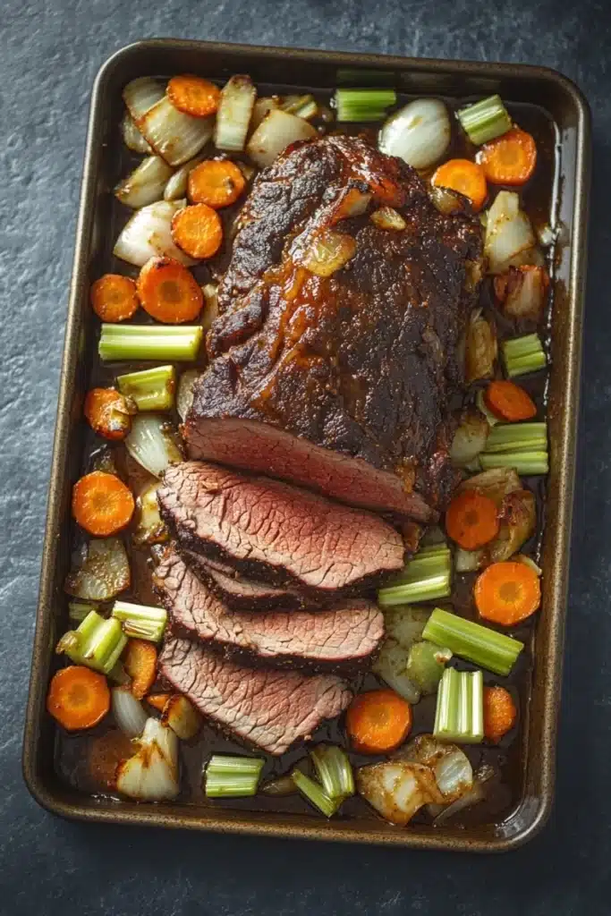 Roast beef marinade slow cooker - the image shows a rectangular baking dish filled with a roast beef dish. the roast beef is cooked medium-rare and has a golden brown crust on top. it is garnished with sliced carrots, celery, and onions. the dish is served on a dark grey countertop. the vegetables are arranged in a way that they are overlapping each other, creating a colorful and appetizing presentation.