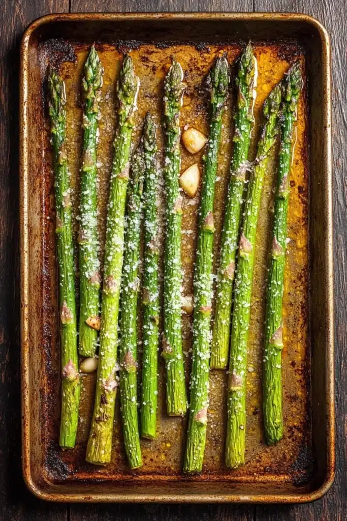 Roasted asparagus garlic - the image shows a baking tray with cooked asparagus spears on it. the tray is rectangular in shape and is placed on a wooden table. the spears are arranged in a single layer on the tray, with some of them overlapping each other. they are covered in a light green sauce and sprinkled with parmesan cheese. there are also some small pieces of garlic scattered around the tray. the overall appearance of the dish is fresh and appetizing.