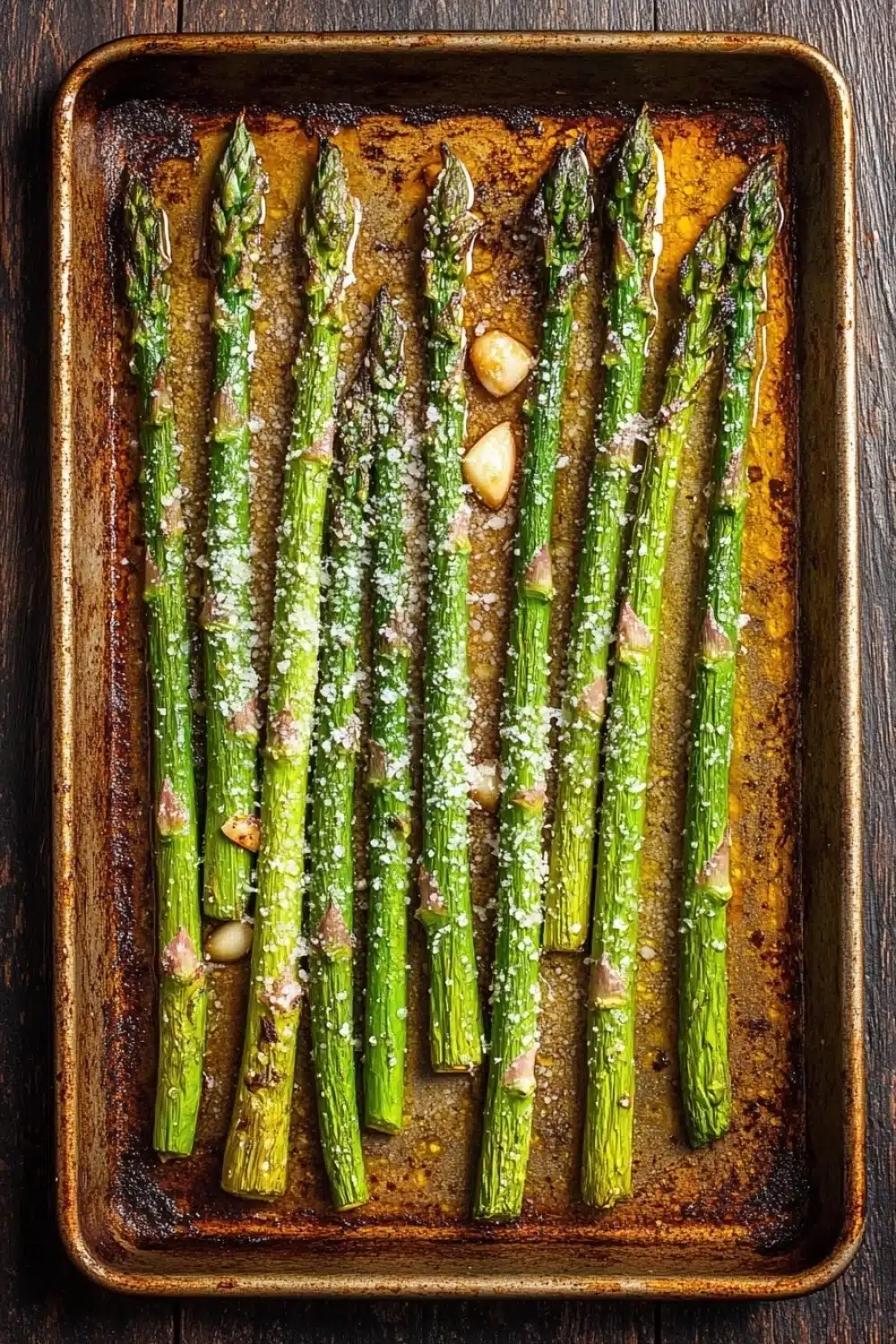 Roasted asparagus garlic - the image shows a baking tray with cooked asparagus spears on it. the tray is rectangular in shape and is placed on a wooden table. the spears are arranged in a single layer on the tray, with some of them overlapping each other. they are covered in a light green sauce and sprinkled with parmesan cheese. there are also some small pieces of garlic scattered around the tray. the overall appearance of the dish is fresh and appetizing.