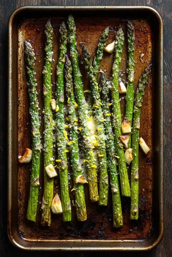 Roasted asparagus garlic - the image shows a baking tray with cooked asparagus spears on it. the spears are arranged in a single layer on the tray, with some of them overlapping each other. the tray is lined with parchment paper and there are small pieces of garlic scattered around the spears. the garlic appears to be seasoned with herbs and spices, giving the spears a golden brown color. the background is a dark wooden surface, possibly a table or countertop.