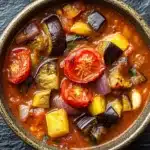 Roasted tomato eggplant soup - the image is a close-up of a bowl of soup or stew. the bowl is made of ceramic and has a dark brown color. the soup is a rich orange color and appears to be thick and creamy. it is filled with various types of vegetables, including eggplant, red bell peppers, yellow squash, and red onions. there are also some herbs sprinkled on top, adding a pop of green to the dish. the vegetables are arranged in a circular pattern around the bowl, with some overlapping each other. the background is a dark grey textured surface.
