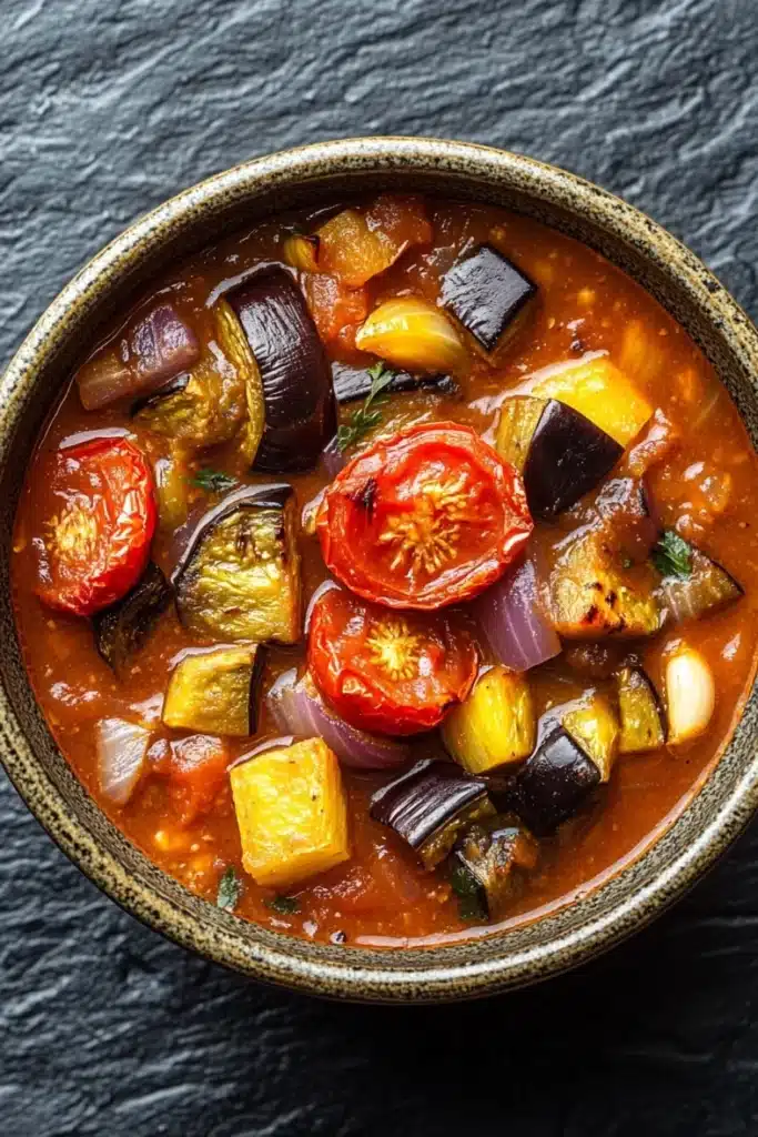 Roasted tomato eggplant soup - the image is a close-up of a bowl of soup or stew. the bowl is made of ceramic and has a dark brown color. the soup is a rich orange color and appears to be thick and creamy. it is filled with various types of vegetables, including eggplant, red bell peppers, yellow squash, and red onions. there are also some herbs sprinkled on top, adding a pop of green to the dish. the vegetables are arranged in a circular pattern around the bowl, with some overlapping each other. the background is a dark grey textured surface.