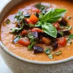 Roasted tomato eggplant soup - the image is a close-up of a bowl of tomato soup. the soup is a bright orange color and appears to be thick and creamy. it is garnished with fresh basil leaves and small pieces of red bell peppers. the bowl is made of ceramic and is sitting on a wooden table. the background is blurred, so the focus is on the soup.