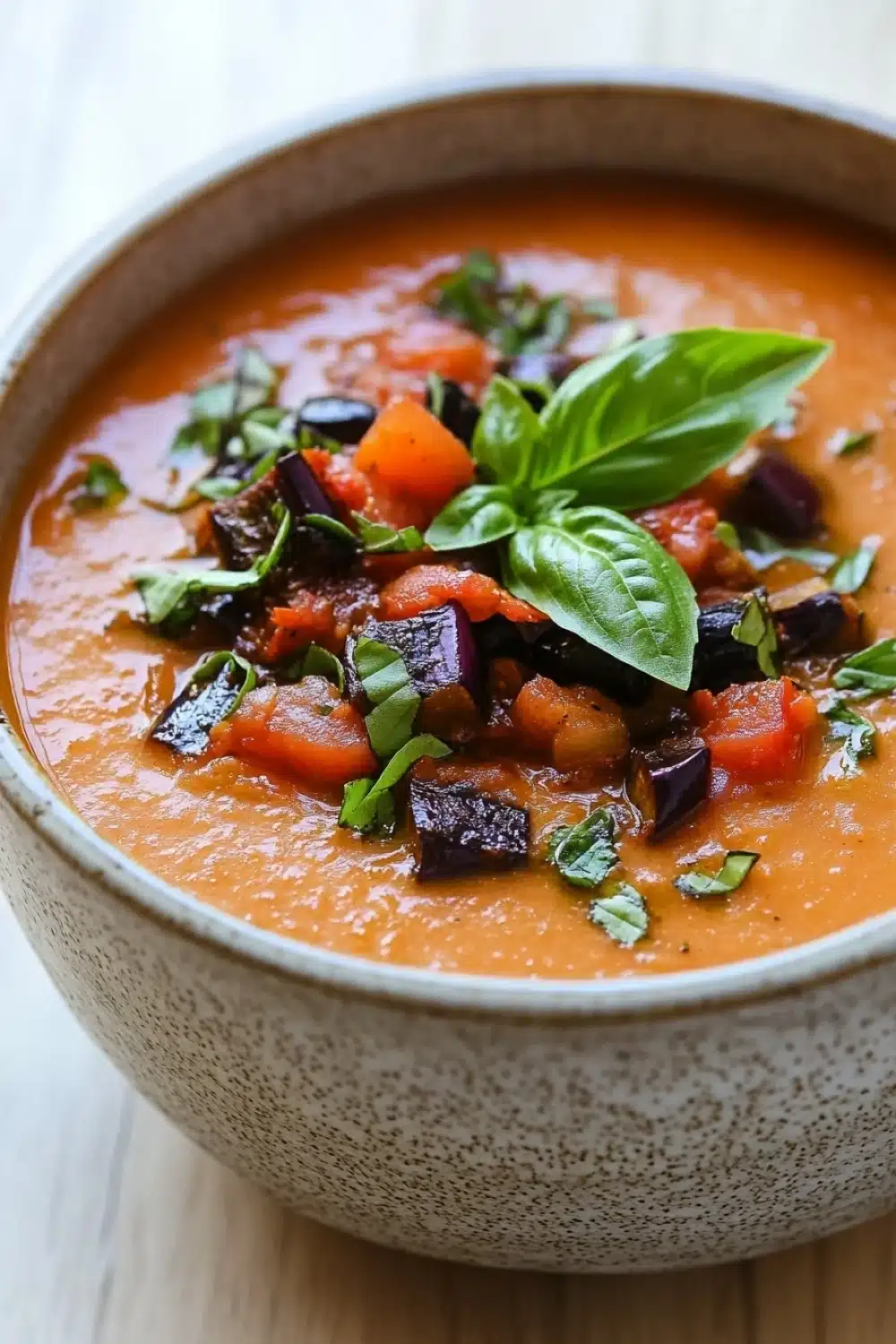 Roasted tomato eggplant soup - the image is a close-up of a bowl of tomato soup. the soup is a bright orange color and appears to be thick and creamy. it is garnished with fresh basil leaves and small pieces of red bell peppers. the bowl is made of ceramic and is sitting on a wooden table. the background is blurred, so the focus is on the soup.
