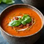 Roasted tomato soup creamy - the image shows two bowls of tomato soup on a dark grey background. the soup is a bright orange color and appears to be thick and creamy. it is garnished with a sprig of fresh basil and a drizzle of olive oil. there are also some black sesame seeds scattered throughout the soup. the bowls are made of ceramic and have a speckled texture. the overall mood of the image is fresh and appetizing.