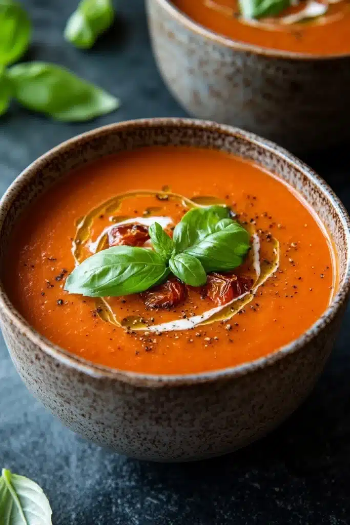 Roasted tomato soup creamy - the image shows two bowls of tomato soup on a dark grey background. the soup is a bright orange color and appears to be thick and creamy. it is garnished with a sprig of fresh basil and a drizzle of olive oil. there are also some black sesame seeds scattered throughout the soup. the bowls are made of ceramic and have a speckled texture. the overall mood of the image is fresh and appetizing.