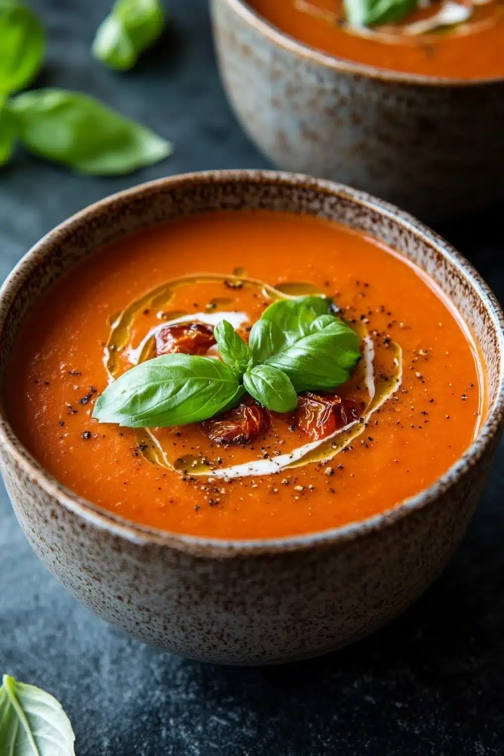 Roasted tomato soup creamy - the image shows two bowls of tomato soup on a dark grey background. the soup is a bright orange color and appears to be thick and creamy. it is garnished with a sprig of fresh basil and a drizzle of olive oil. there are also some black sesame seeds scattered throughout the soup. the bowls are made of ceramic and have a speckled texture. the overall mood of the image is fresh and appetizing.