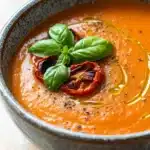 Roasted tomato soup creamy - the image is a close-up of a bowl of tomato soup. the soup is a bright orange color and appears to be thick and creamy. on top of the soup, there are two whole tomatoes and a sprig of fresh basil. the bowl is made of ceramic and has a dark brown speckled pattern around the edges. there is also a drizzle of olive oil on the side of the bowl. the background is blurred, but it seems to be a wooden table or countertop.