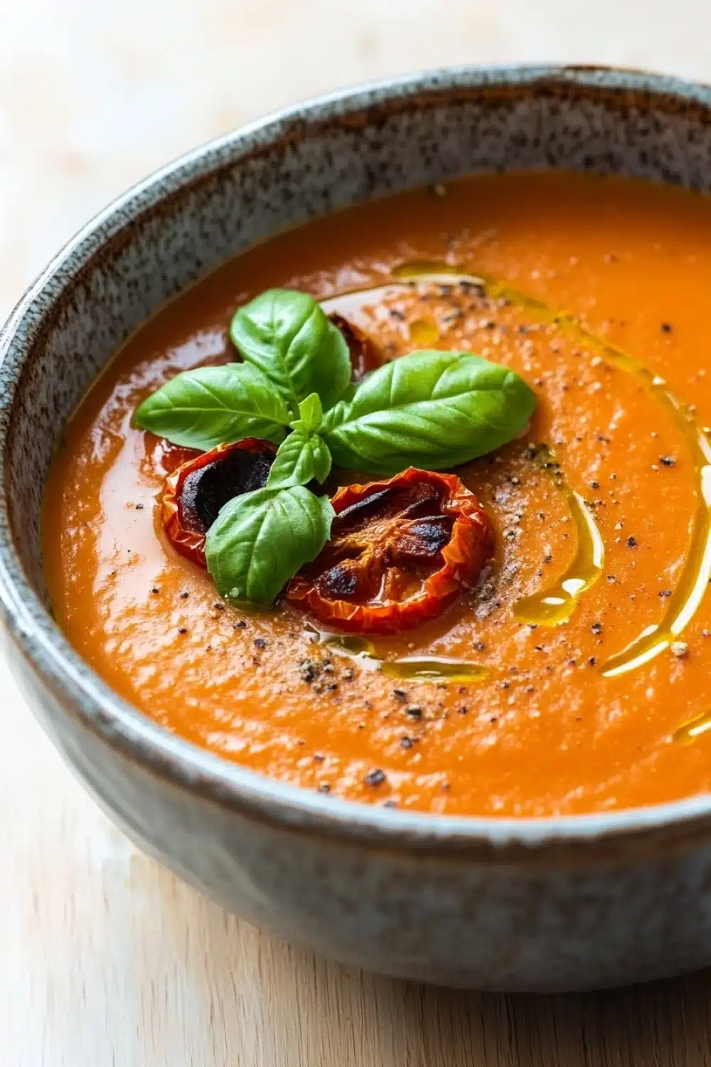 Roasted tomato soup creamy - the image is a close-up of a bowl of tomato soup. the soup is a bright orange color and appears to be thick and creamy. on top of the soup, there are two whole tomatoes and a sprig of fresh basil. the bowl is made of ceramic and has a dark brown speckled pattern around the edges. there is also a drizzle of olive oil on the side of the bowl. the background is blurred, but it seems to be a wooden table or countertop.