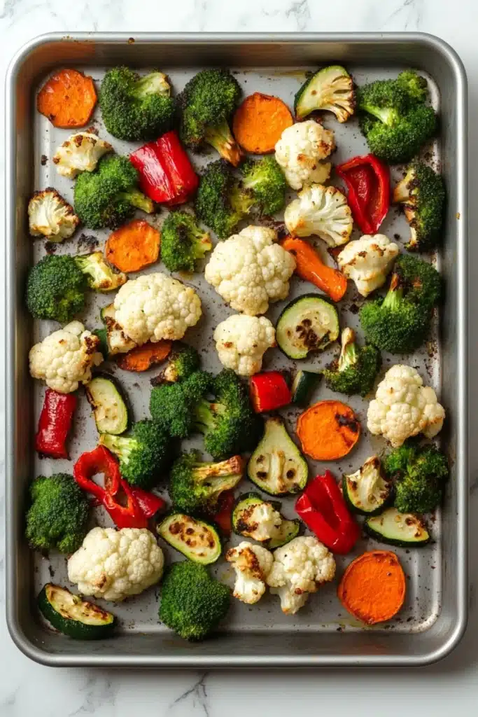 Roasted vegetables in ninja air fryer - the image shows a baking tray filled with roasted vegetables. the tray is lined with parchment paper and is placed on a white marble countertop. the vegetables are arranged in a single layer on the tray, with some overlapping each other. there are broccoli, cauliflower, carrots, zucchini, and red bell peppers scattered throughout the tray. the colors of the vegetables are vibrant and the tray appears to be freshly baked.