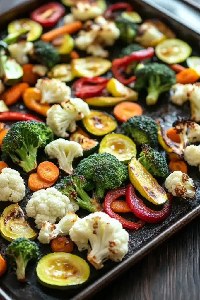 Roasted vegetables in ninja air fryer - the image shows a tray of roasted vegetables on a wooden table. the vegetables are arranged in a single layer on the tray, with some overlapping each other. the tray appears to be made of metal and has a dark brown color. the vegetables include broccoli, cauliflower, red and yellow bell peppers, zucchini, and carrots. the broccoli is cut into small pieces and the bell peppers are cut into thin slices. the carrots are bright orange and appear to be seasoned with herbs and spices. the cauliflower is white and fluffy, while the peppers are a mix of red, yellow, and green colors. the red bell pepper is slightly larger than the yellow bell pepper and is slightly smaller than the green bell pepper. the other vegetables are also roasted and have a golden brown color, indicating that they have been roasted to perfection.