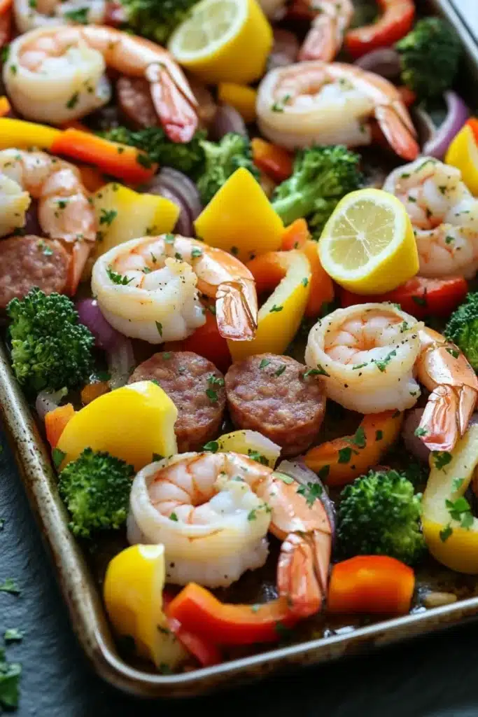 Sausage and shrimp sheet pan meal - the image shows a tray of cooked shrimp and vegetables. the tray is lined with parchment paper and is placed on a black countertop. the shrimp are pink and appear to be seasoned with herbs and spices. the vegetables include broccoli, red onions, yellow bell peppers, and red bell peppers. there are also slices of lemon scattered throughout the dish. the dish looks appetizing and ready to eat.