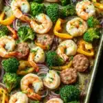 Sausage and shrimp sheet pan meal - the image shows a sheet pan filled with a variety of vegetables and shrimp. the vegetables include broccoli, red onions, and yellow bell peppers. the shrimp are cooked and appear to be seasoned with herbs and spices. the pan is sitting on a wooden table. the overall appearance of the dish is colorful and appetizing.